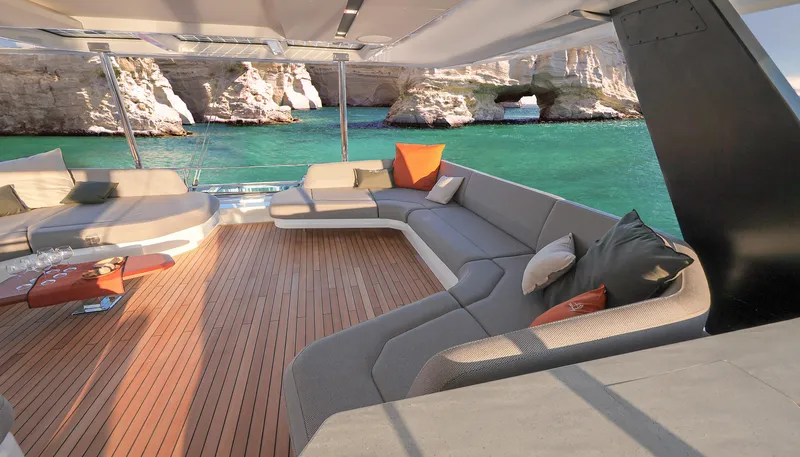 Slide: The Image of Luxurious 2025 Fountaine Pajot Thira 80 yacht with elegant deck and scenic ocean view. - 27