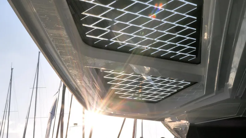 Slide: The Image of Solar panels on the 2025 Fountaine Pajot Thira 80 yacht, capturing sunlight. - 3