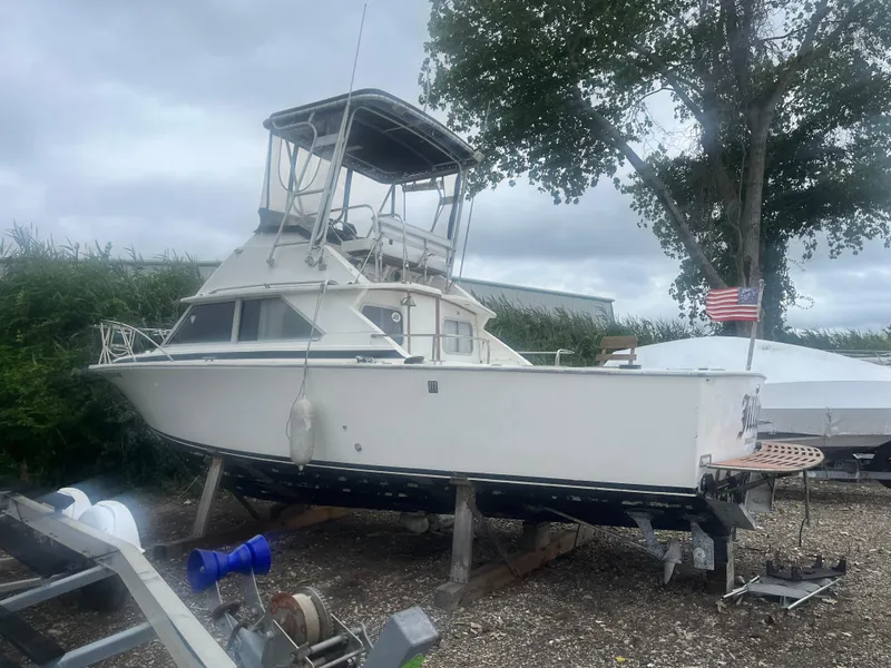 The Image of 1973 Bertram 28 Flybridge Cruiser on dry dock with American flag nearby. - 0