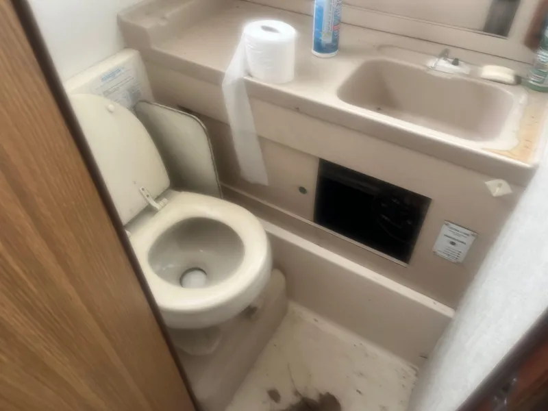 Slide: The Image of 1973 Bertram 28 Flybridge Cruiser bathroom with toilet, sink, and toiletries. - 5
