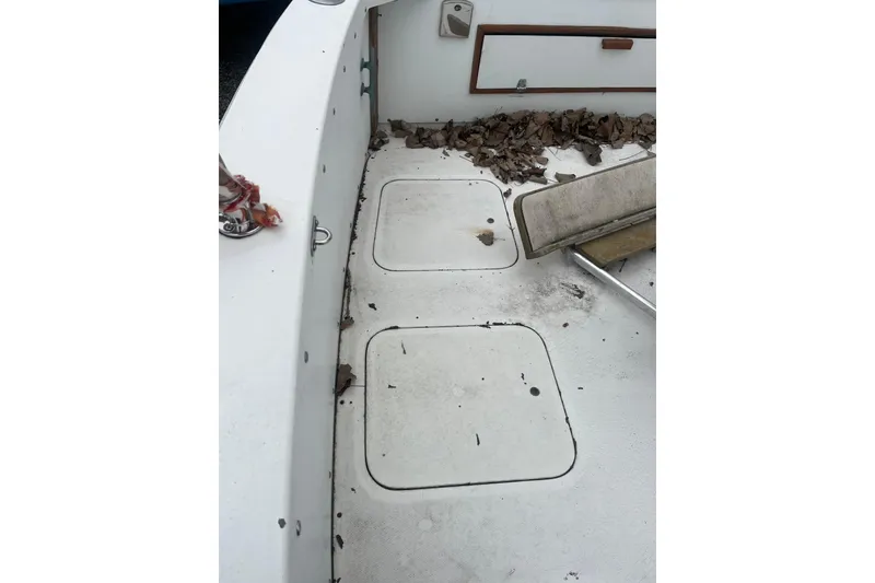 Slide: The Image of 1973 Bertram 28 Flybridge Cruiser deck with leaves and storage compartments. - 50