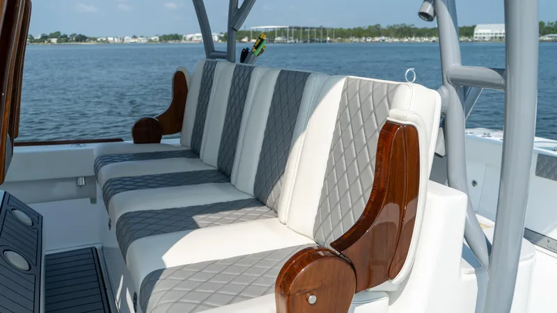 Slide: The Image of Luxurious seating on 2023 Front Runner 47 Center Console boat with quilted upholstery. - 40
