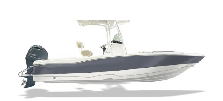 Slide: The Image of 2025 NauticStar 231 Hybrid boat, side view, sleek design, white and gray color. - 5