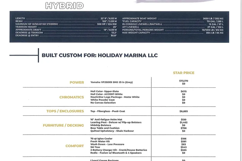 Slide: The Image of NauticStar 231 Hybrid 2025 boat specifications and custom build details for Holiday Marina LLC. - 6