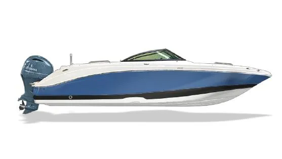 Slide: The Image of 2025 NauticStar 243 DC Deck boat, blue and white, side view. - 8