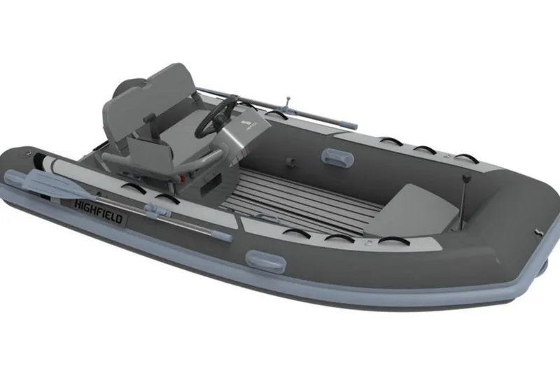 Slide: The Image of 2025 Highfield CL360 inflatable boat, gray with seating and steering console. - 9