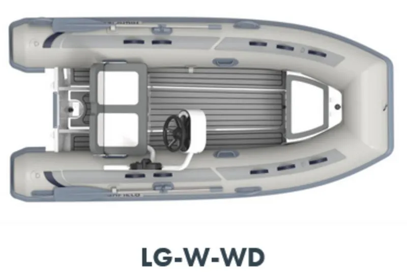 Slide: The Image of 2025 Highfield CL360 inflatable boat, top view, featuring steering console and seating. - 8