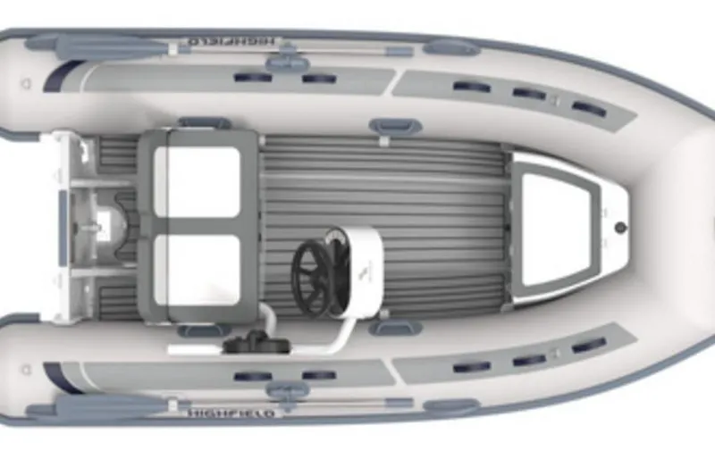 Slide: The Image of 2025 Highfield CL340 inflatable boat, top view, gray and white design. - 3