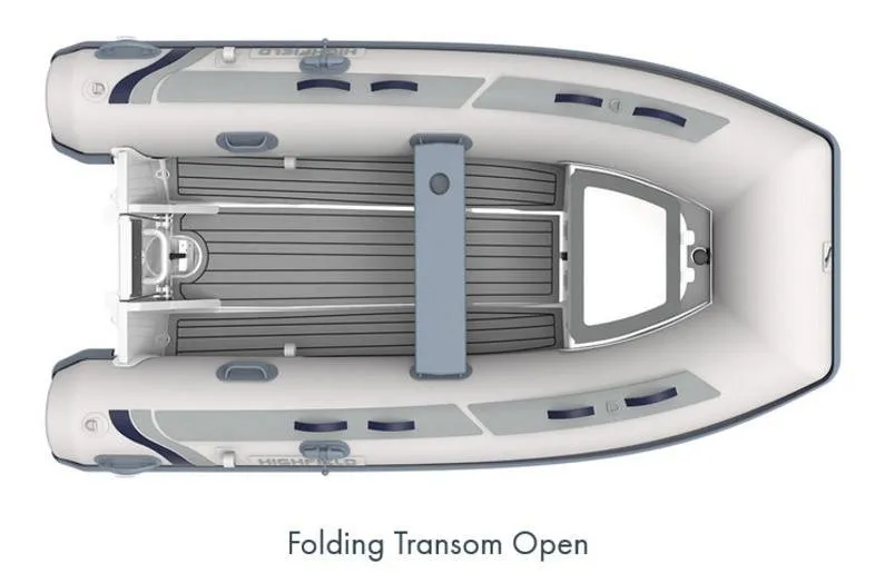 Slide: The Image of 2025 Highfield CL340 inflatable boat with open folding transom, top view. - 5