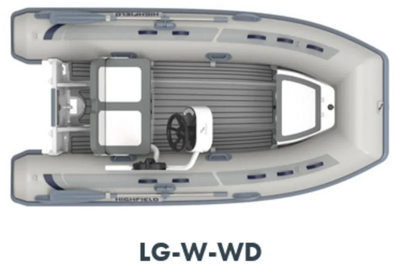 Slide: The Image of 2025 Highfield CL340 inflatable boat, top view, gray and white design, labeled LG-W-WD. - 6