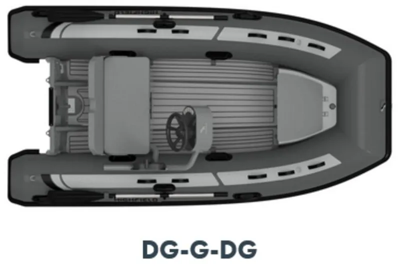 Slide: The Image of Highfield CL340 2025 inflatable boat, top view, gray interior, steering wheel, labeled DG-G-DG. - 9