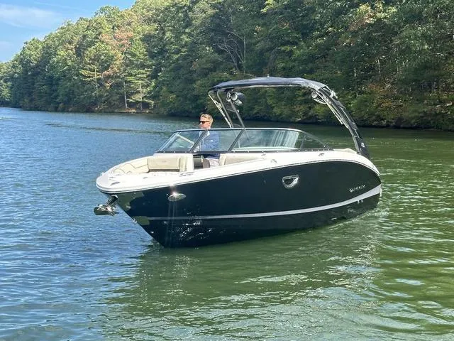 Slide: The Image of 2025 Regal LS6 boat cruising on a serene lake with lush green surroundings. - 3