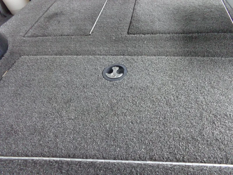 Slide: The Image of 2020 Lowe Stinger 175C boat deck with carpeted surface and storage hatch. - 19