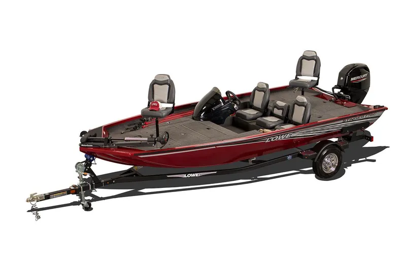 Slide: The Image of 2020 Lowe Stinger 175C fishing boat with trailer, red and gray design. - 49