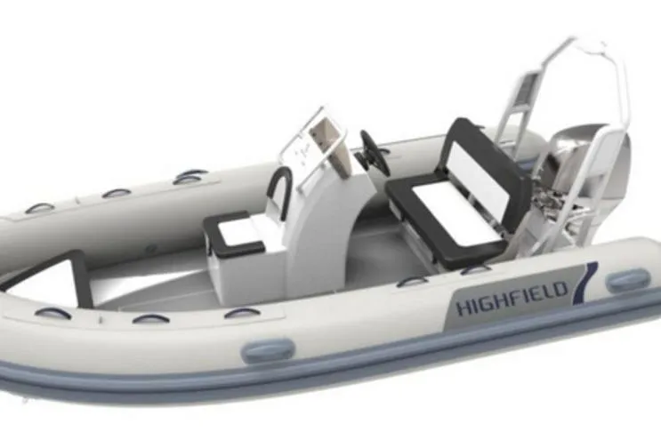 Slide: The Image of 2025 Highfield Sport 420 boat cruising on a sunny lake. - 2