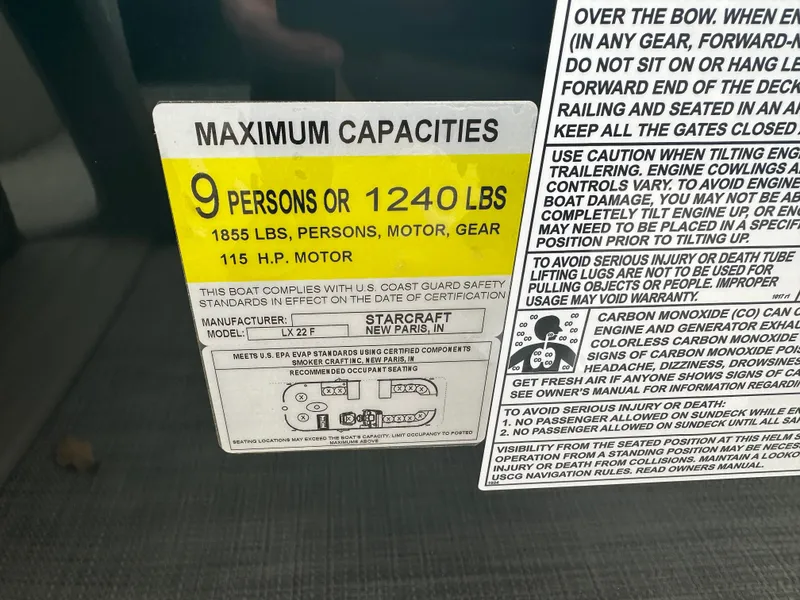 Slide: The Image of 2024 Starcraft LX 22 F capacity label: 9 persons or 1240 lbs, 115 HP motor. - 16