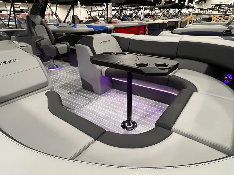 Slide: The Image of 2025 Berkshire 25RFX Roswell Arch STS Tritoon interior with luxurious seating and modern design. - 22