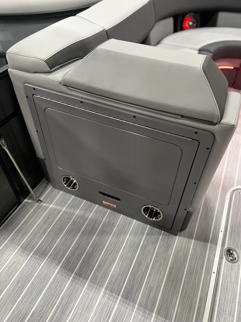 Slide: The Image of 2025 Berkshire 25RFX Roswell Arch STS Tritoon interior seating with gray upholstery. - 3