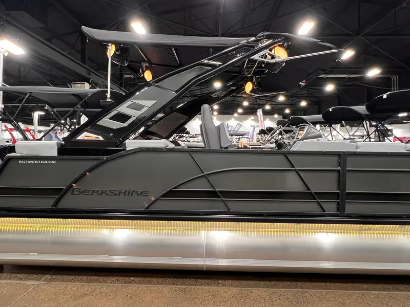 Slide: The Image of 2025 Berkshire 25RFX Roswell Arch STS Tritoon, saltwater edition, displayed indoors. - 31