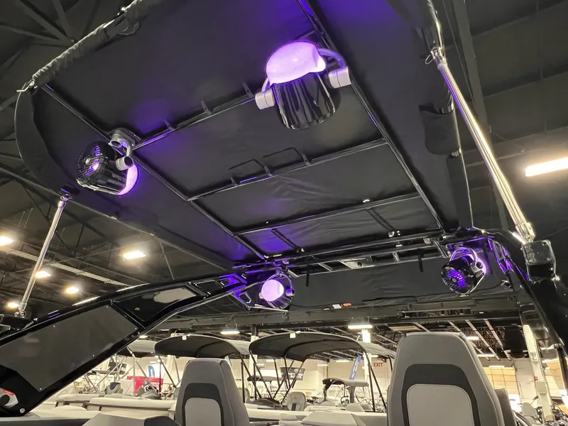 Slide: The Image of 2025 Berkshire 25RFX Roswell Arch STS Tritoon with illuminated speakers and canopy. - 38