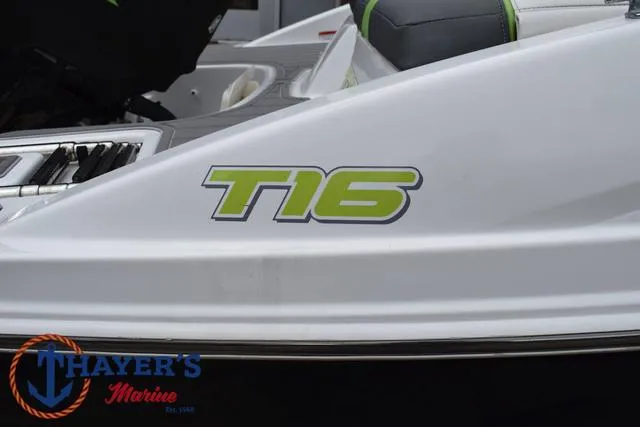 Slide: The Image of 2022 Tahoe T16 boat side view with Thayer's Marine logo. - 4