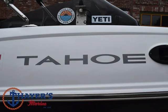 Slide: The Image of 2022 Tahoe T16 boat with logo and stickers, displayed at Thayer's Marine. - 5