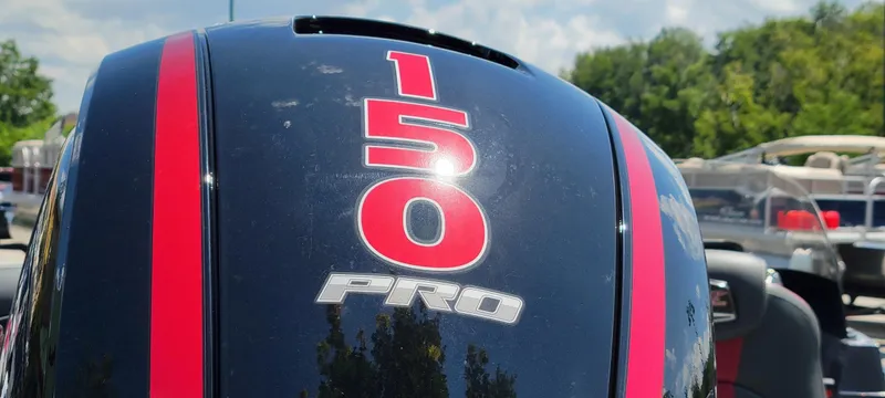 Slide: The Image of Close-up of 2024 Ranger VS1782SC Angler boat engine with '150 Pro' label. - 3