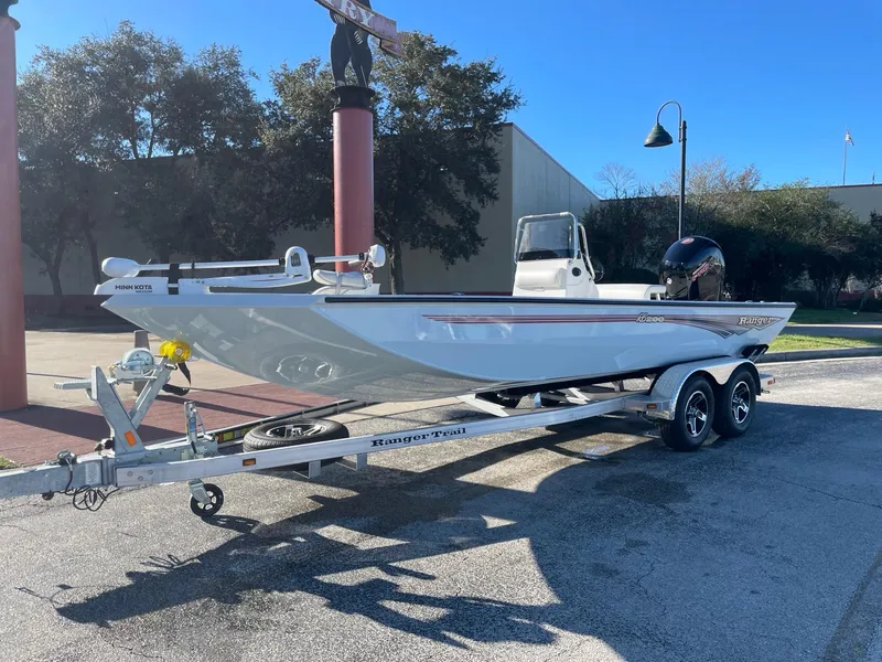 Slide: The Image of 2024 Ranger RB200 boat on trailer, parked outdoors under clear blue sky. - 1