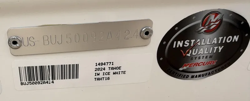 Slide: The Image of 2024 Tahoe T16 identification plate with serial number and Mercury installation quality certification. - 11