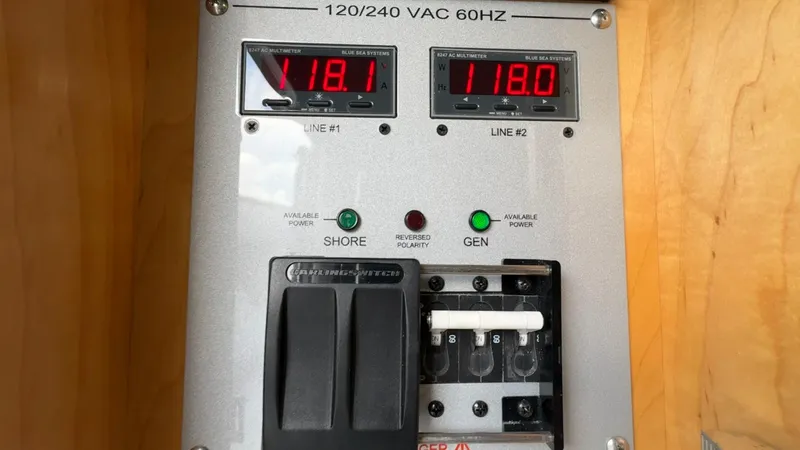 Slide: The Image of Electrical panel with dual voltage displays, showing 118.1V and 118.0V, on HCB 53 model boat. - 49