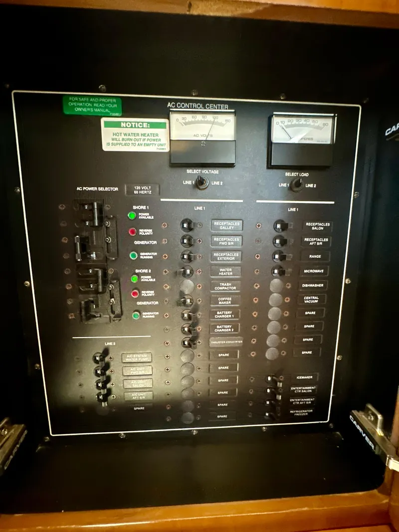 Slide: The Image of Control panel of a 2000 Carver 396 Motor Yacht, featuring various switches and meters. - 37