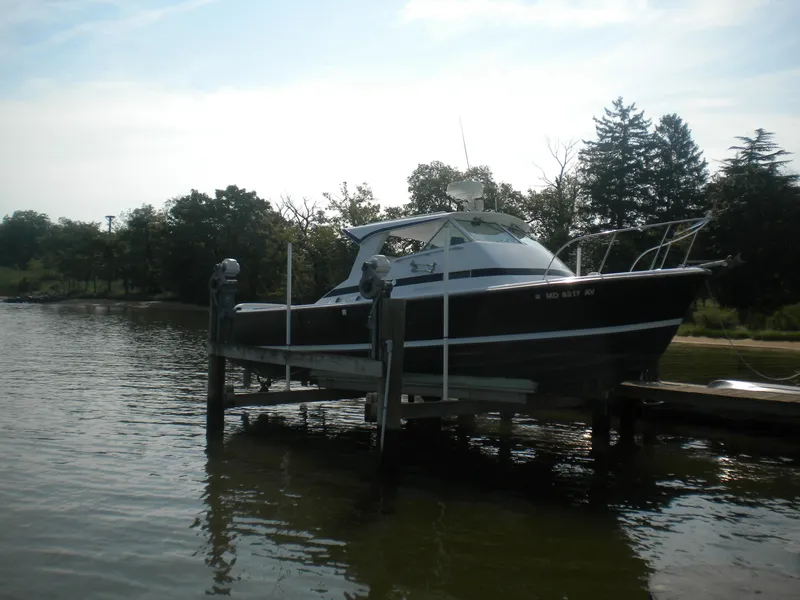 Slide: The Image of 1968 Bertram 31 Bahia Mar boat on a lift by the water, surrounded by trees. - 3