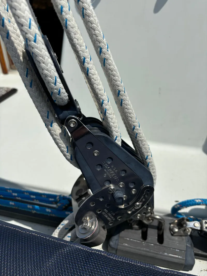 Slide: The Image of Close-up of rigging on a 1989 Ericson Yachts 34 sailboat. - 19