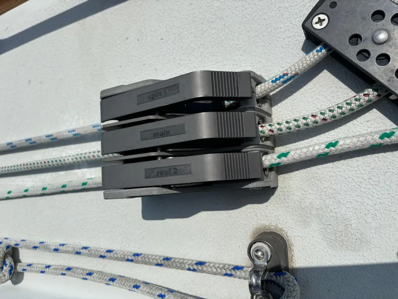 Slide: The Image of Close-up of rope clutches on a 1989 Ericson Yachts 34 sailboat. - 20