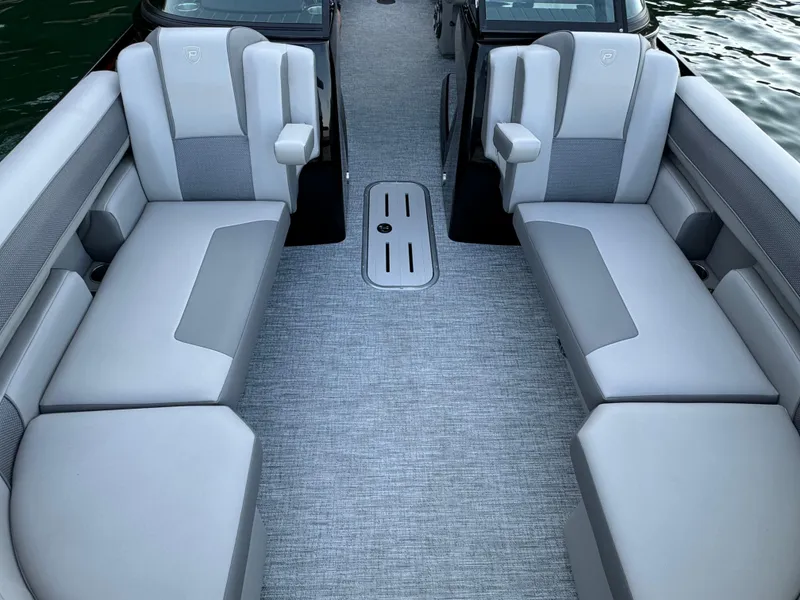 Slide: The Image of 2024 Premier 250 Solaris boat interior with gray seating and modern design. - 17