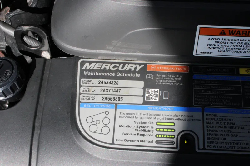 Slide: The Image of Mercury maintenance schedule label on a 2019 Formula 270 Bowrider engine. - 28
