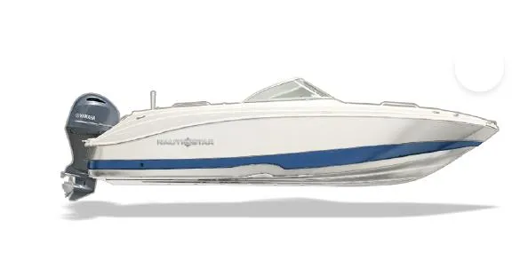 Slide: The Image of 2025 NauticStar 223 DC Deck boat with Yamaha outboard motor, side view. - 1