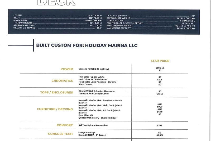 Slide: The Image of 2025 NauticStar 223 DC Deck specifications and pricing for Holiday Marina LLC. - 20