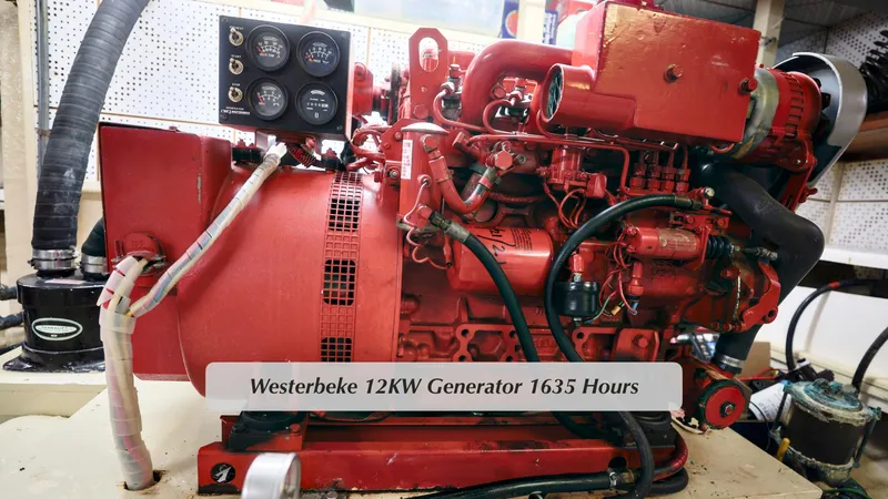 Slide: The Image of Westerbeke 12KW generator with 1635 hours in a 1988 DeFever Pilot House. - 27