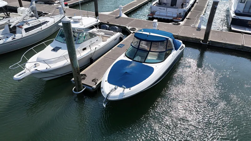 Slide: The Image of 2014 Sea Ray 300 SLX boat docked at marina, blue cover, sunny day. - 48
