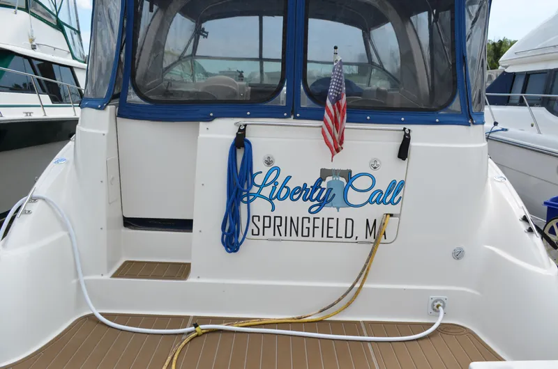 Slide: The Image of 2007 Bayliner 325 Sunbridge boat with "Liberty Call" name, docked in Springfield, MA. - 4
