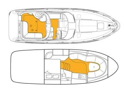 Slide: The Image of 2007 Bayliner 325 Sunbridge boat layout diagram, highlighting interior and deck areas in orange. - 45