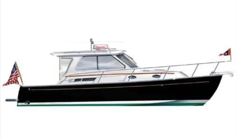 Slide: The Image of Top view layout of a 2007 Back Cove 33 boat, showcasing interior and deck design. - 16