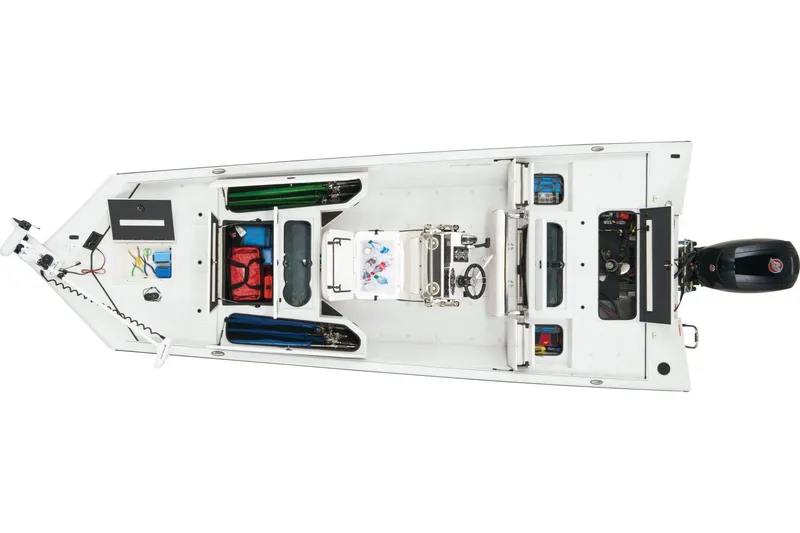 Slide: The Image of 2024 Ranger RB200 boat interior with seating and steering wheel in a parking lot. - 10