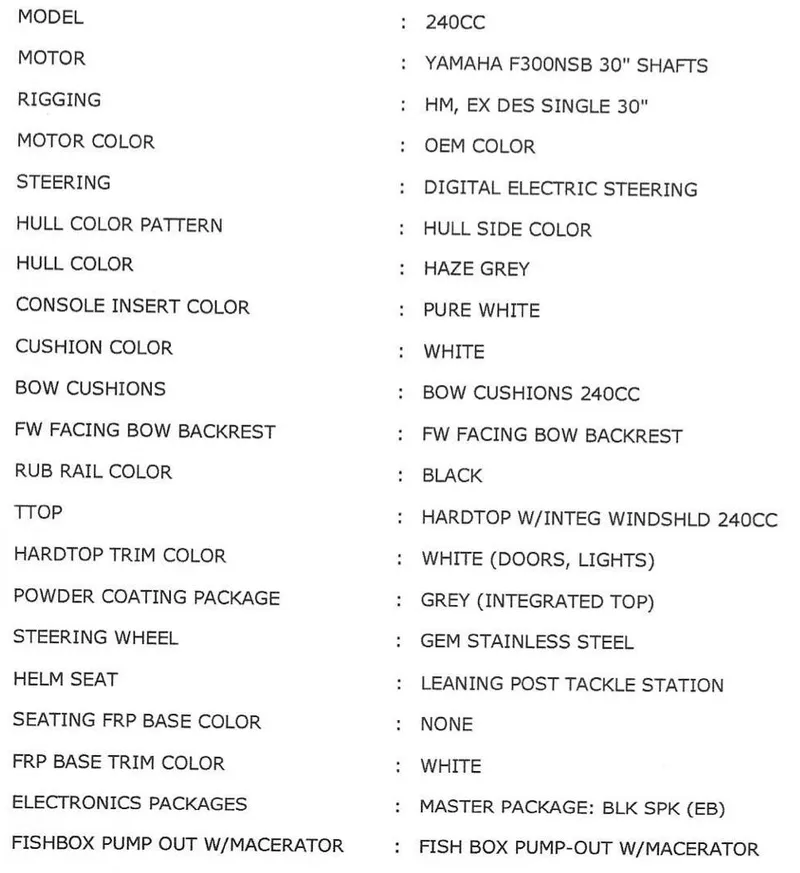 Slide: The Image of Specifications list for 2021 Cobia 240 Center Console boat. - 7