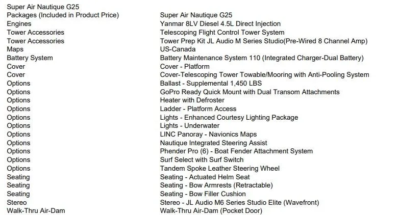 Slide: The Image of Text list of features and options for the 2022 Nautique Super Air Nautique G25 boat. - 16