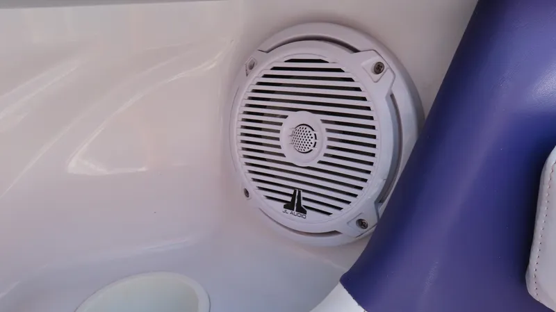 Slide: The Image of 2003 Donzi 28 ZX Open boat speaker detail with white and purple interior. - 24