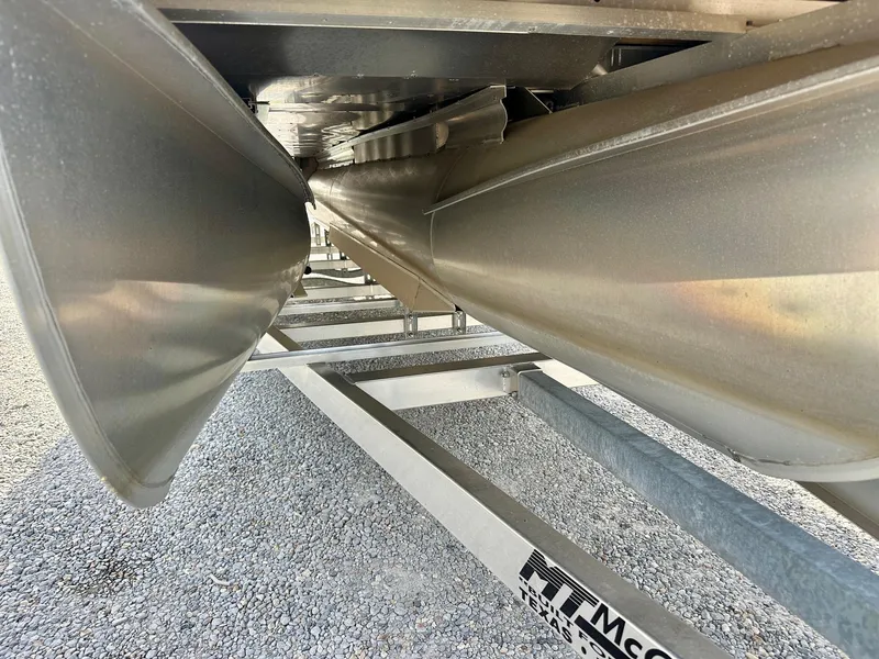 Slide: The Image of 2021 Harris Grand Mariner 250 pontoon boat underside on trailer. - 10