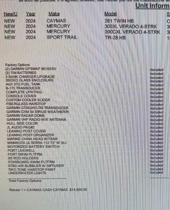 Slide: The Image of 2024 Caymas 281 HB boat with Mercury engines and Sport Trail trailer, featuring extensive factory options. - 34