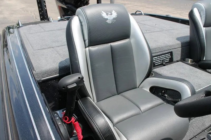 Slide: The Image of Phoenix 920 Elite 2025 boat seat, gray and black leather, with embroidered logo. - 4